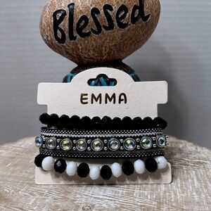 Black White Crystal Beaded Stretch Bracelet Set 3 Piece Stackable